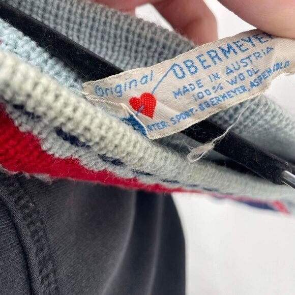 Vintage 60s Obermeyer Women's Wool Long Sleeve Pullover Sweater Navy Red Medium - Picture 3 of 6